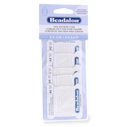 Beadalon 106A-120 Silk Thread, Variety Pack, Sizes 1x02, 2x04, 2X06, 2 Meters Each with Needle, White - Image 1