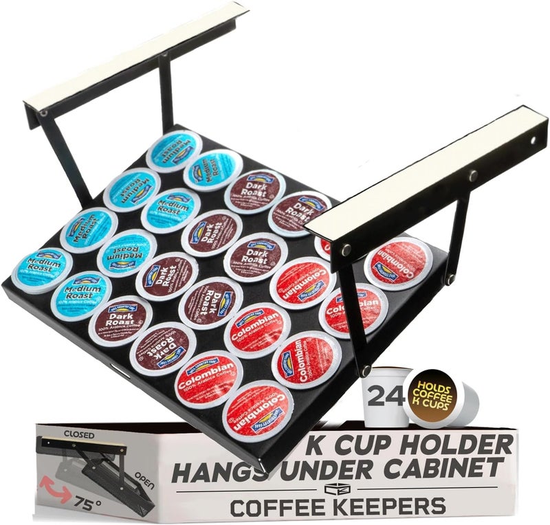 COFFEEKEEPERS Under Cabinet K-Cup Holder for 24 Pods | Keurig Pod Organizer | RV Car Coffee Maker Storage | Space-Saving Pull-Down Container with Adhesive & Screws - Steel 13x10 BLACK - Image 1