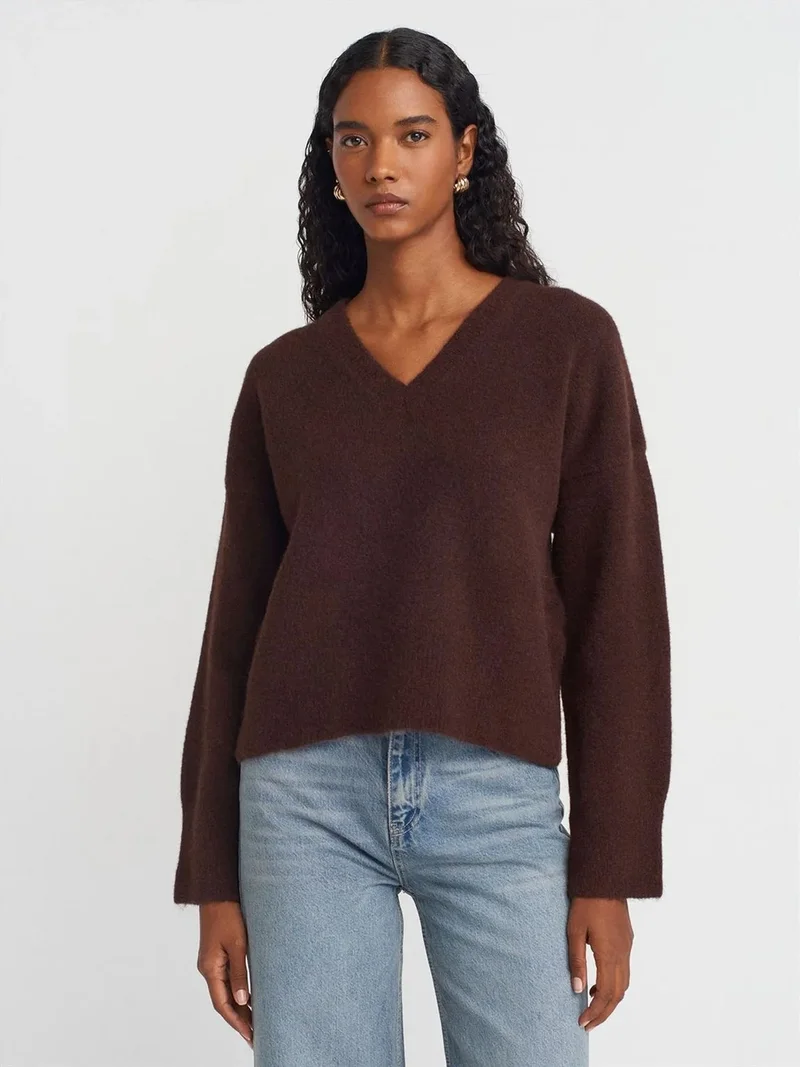 ديلفين Dilvin Women's V-neck Ribbed Knit Sweater