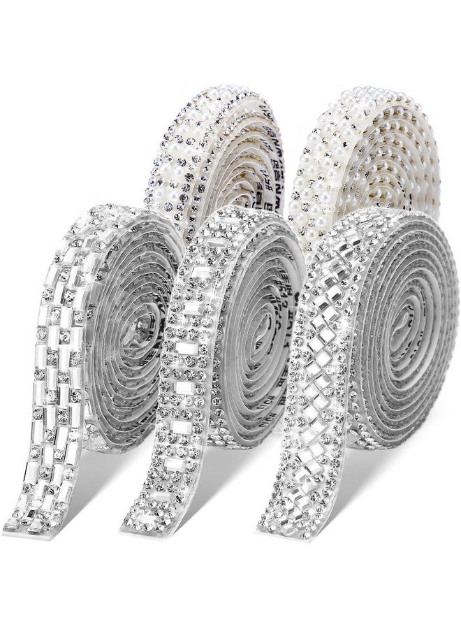 Xinnun 5 Rolls Crystal Rhinestone Ribbon Shiny Rhinestone Ribbon Resin Diamond Ribbon Self Adhesive Crystal Rhinestone Diamond Ribbon Bling Ribbon For Art Craft Diy Party (Silver Delicate Style) - Image 1