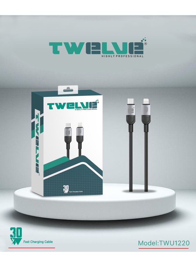 TWELVE 30W Fast Charging Cable USB-C to Lightning 1.2M Braided Cable for iPhone, iPad and Apple Devices - Image 2