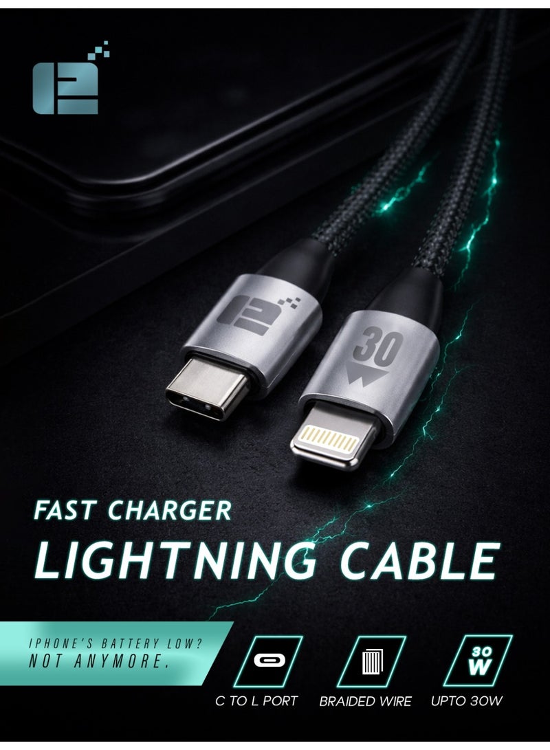 TWELVE 30W Fast Charging Cable USB-C to Lightning 1.2M Braided Cable for iPhone, iPad and Apple Devices - Image 1