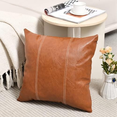AEROHAVEN™ Set of 2 Over Stitiched Hand Made Faux Leather Throw/Pillow Cushion Covers - CC-281 - (Brown, 18 x 18 INCH) - Image 3