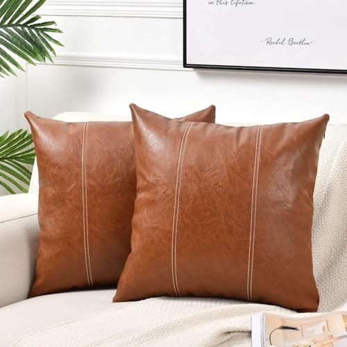AEROHAVEN™ Set of 2 Over Stitiched Hand Made Faux Leather Throw/Pillow Cushion Covers - CC-281 - (Brown, 18 x 18 INCH) - Image 1