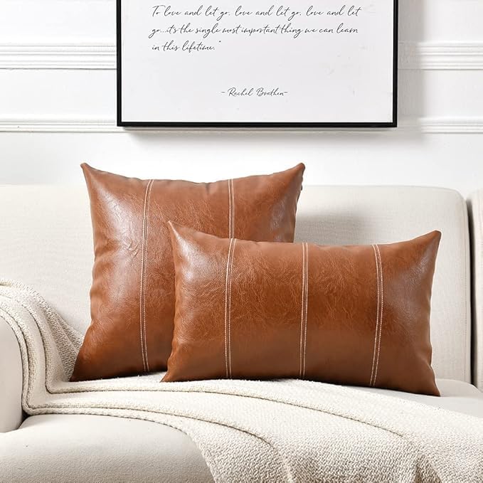 AEROHAVEN™ Set of 2 Over Stitiched Hand Made Faux Leather Throw/Pillow Cushion Covers - CC-281 - (Brown, 18 x 18 INCH) - Image 2