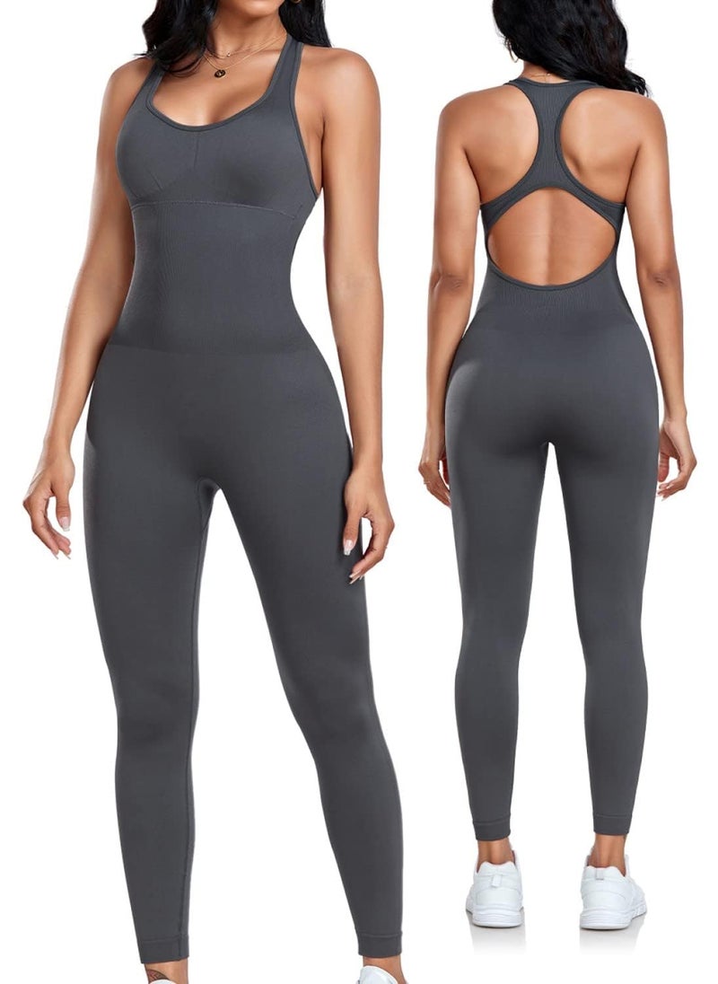 OLCHEE Womens Workout Jumpsuits Seamless Yoga Gym Bodycon Rompers Sexy Racerback Tummy Control Padded Bra Unitard - Grey Small - Image 1