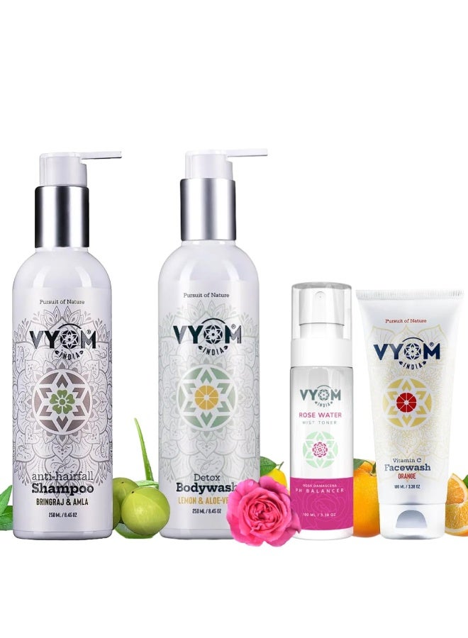 VYOM India Body Care Combo Anti Hairfall Shampoo(250ml) + Detox Body Wash(250ml) + Rose Water Spray(100ml) + Vitamin C Face Wash(100ml) For All Skin Type, Certified Purely Organic & Plant Based - Pack of 4 - Image 1