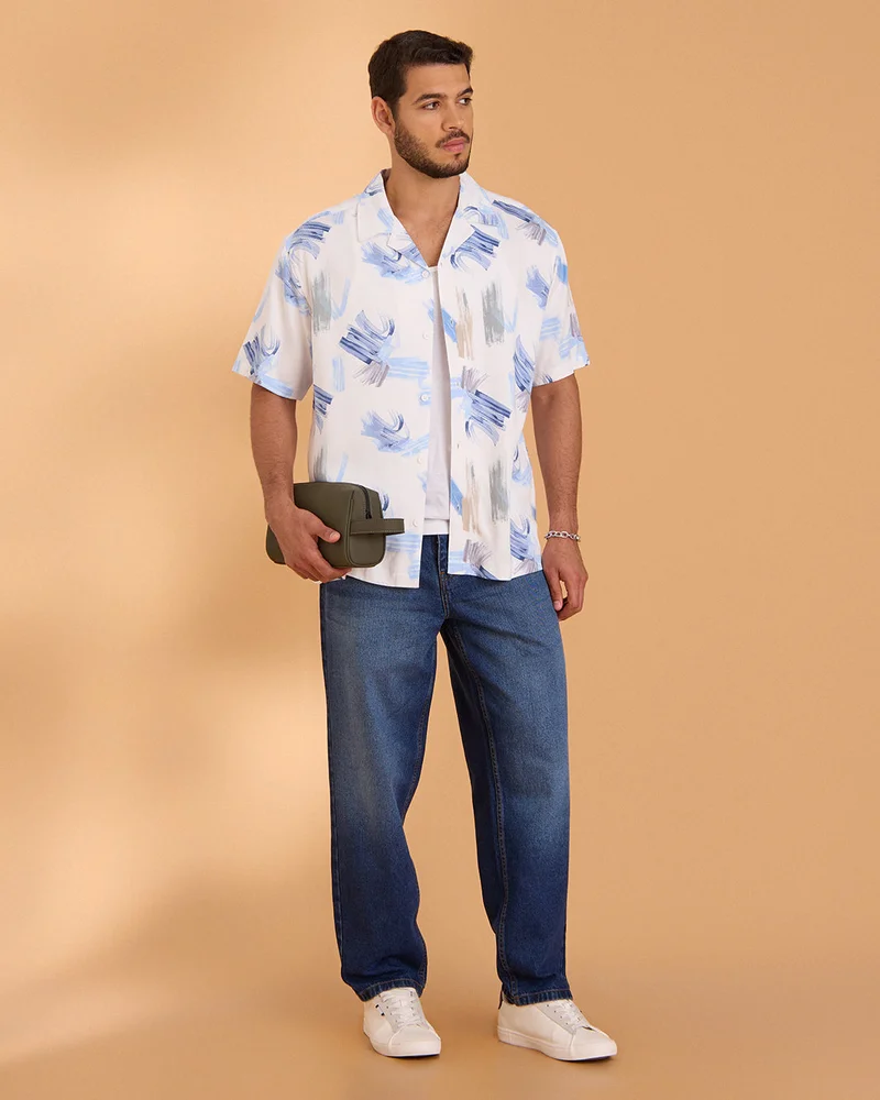 Redtag Men Blue Printed Short Sleeve Shirt