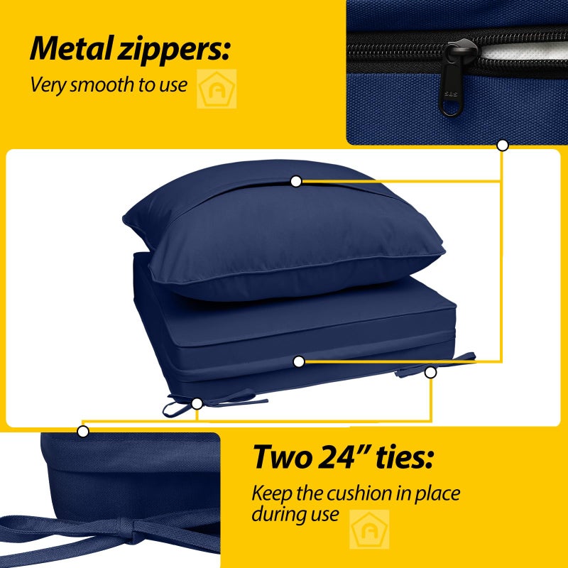 AAAAAcessories Outdoor Seat Cushions for Chairs, Fade-Resistant, Waterproof Patio Furniture Replacement Cushions, 24" x 24" x 5" + 24" x 19", Navy Blue - Image 3