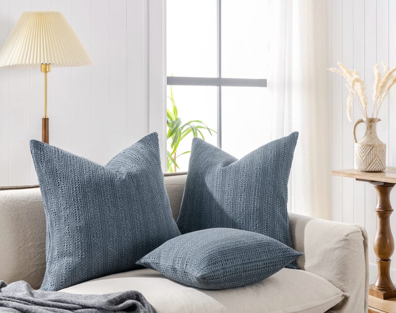 COCOPLOCEUS 26x26 Pillow Covers Decorative Euro Shams Set of 2 Cotton Boho Throw Pillow Covers Large Square Pillowcase for Couch Bed  Blue Grey - Image 4