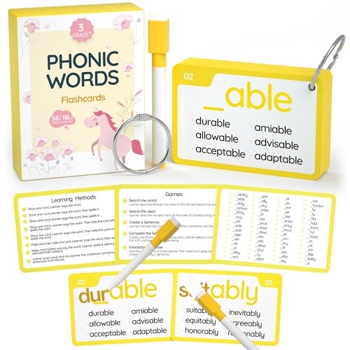 WJPC 116 Set Phonics Suffix Words Flash CardsPhonic Sigh Words Flash Cards for 789101112 Years 2nd 3rd 4th 5th Grade BoysGirlsKids Learning Writing Reading - Image 1