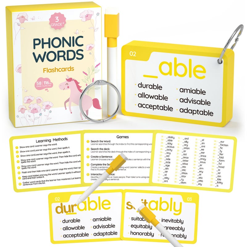 WJPC 116 Set Phonics Suffix Words Flash CardsPhonic Sigh Words Flash Cards for 789101112 Years 2nd 3rd 4th 5th Grade BoysGirlsKids Learning Writing Reading - Image 3
