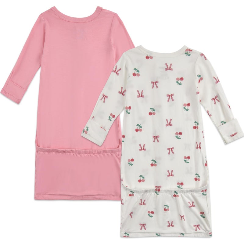 Aablexema Baby Nightgowns Rayon of Bamboo, 2Pcs Newborn Sleeper Gown with 2-way Zipper, Flip Mittens & Foot Cover(Pink & Cherry, Newborn) - Image 3