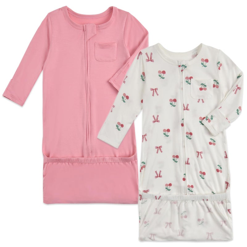 Aablexema Baby Nightgowns Rayon of Bamboo, 2Pcs Newborn Sleeper Gown with 2-way Zipper, Flip Mittens & Foot Cover(Pink & Cherry, Newborn) - Image 2