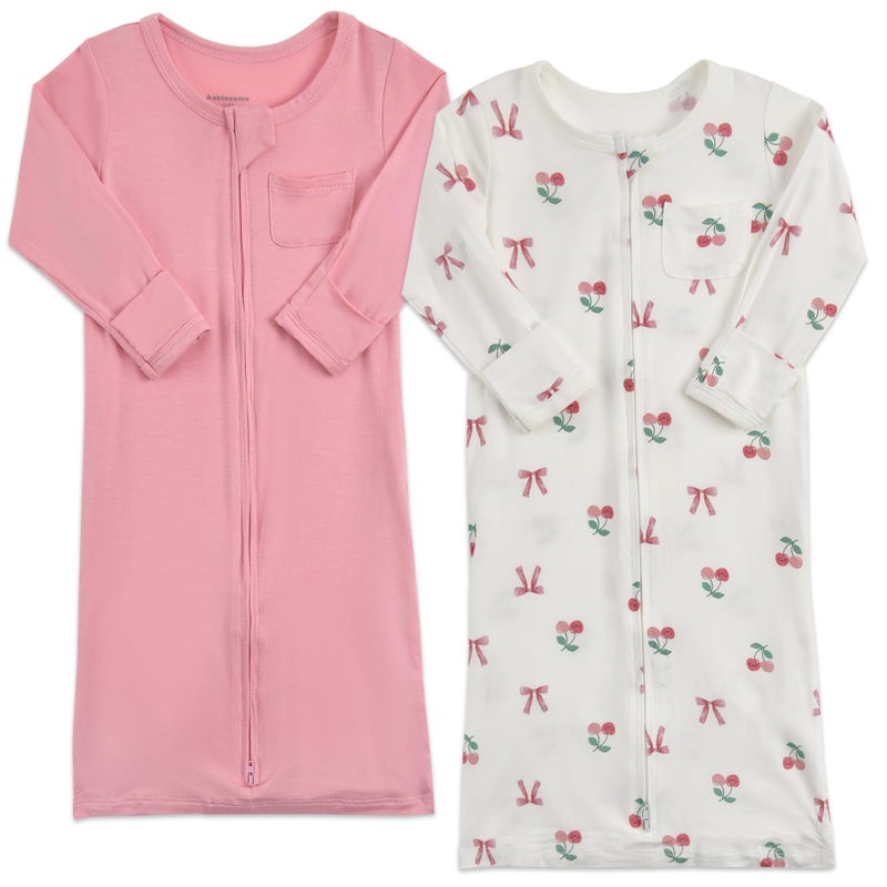 Aablexema Baby Nightgowns Rayon of Bamboo, 2Pcs Newborn Sleeper Gown with 2-way Zipper, Flip Mittens & Foot Cover(Pink & Cherry, Newborn) - Image 1