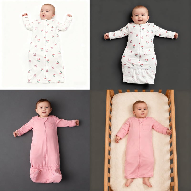 Aablexema Baby Nightgowns Rayon of Bamboo, 2Pcs Newborn Sleeper Gown with 2-way Zipper, Flip Mittens & Foot Cover(Pink & Cherry, Newborn) - Image 4