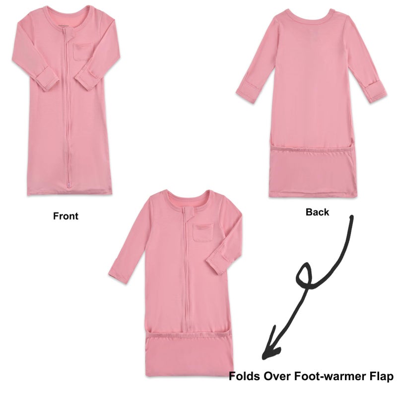 Aablexema Baby Nightgowns Rayon of Bamboo, 2Pcs Newborn Sleeper Gown with 2-way Zipper, Flip Mittens & Foot Cover(Pink & Cherry, Newborn) - Image 5
