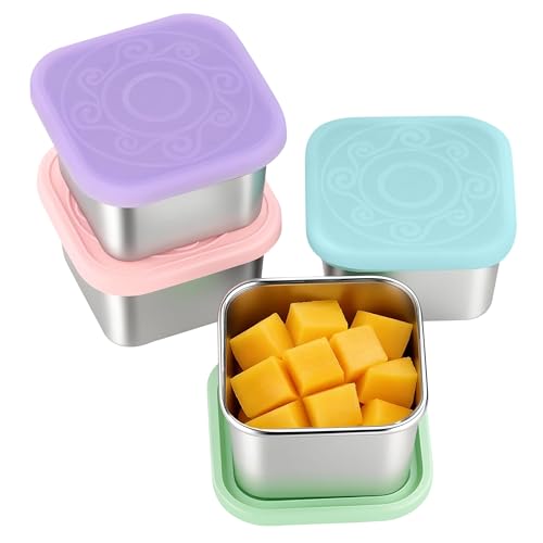 VKVXCLON 4 Pack Stainless Steel Snack Containers, 6oz Snack Box with Silicone Lids,Stackable Portable Small Food Storage Container for Picnic,Travel,School,Office,and Daycare - Image 1