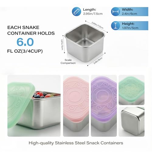 VKVXCLON 4 Pack Stainless Steel Snack Containers, 6oz Snack Box with Silicone Lids,Stackable Portable Small Food Storage Container for Picnic,Travel,School,Office,and Daycare - Image 4