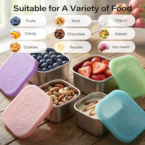 VKVXCLON 4 Pack Stainless Steel Snack Containers, 6oz Snack Box with Silicone Lids,Stackable Portable Small Food Storage Container for Picnic,Travel,School,Office,and Daycare - Image 5