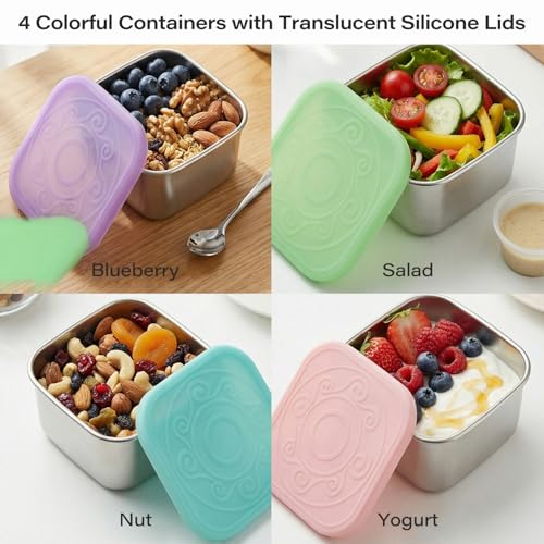VKVXCLON 4 Pack Stainless Steel Snack Containers, 6oz Snack Box with Silicone Lids,Stackable Portable Small Food Storage Container for Picnic,Travel,School,Office,and Daycare - Image 3