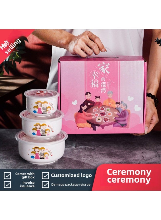 Ceramic Fresh-keeping Bowl Three-piece Gift Bowl Set Sealed Bowl Printed Logo Opening Activity Promotion Sales Gift-Specifications:A Deer Accompanied-Color:Fresh Bowl 5-inch Single Pack (60 Sets Per Box)  - Image 2