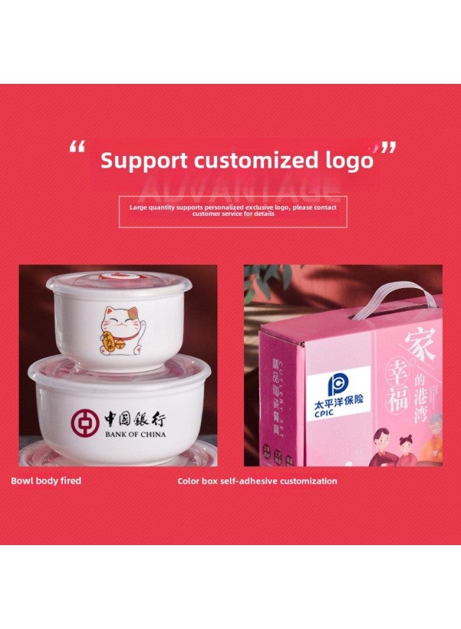 Ceramic Fresh-keeping Bowl Three-piece Gift Bowl Set Sealed Bowl Printed Logo Opening Activity Promotion Sales Gift-Specifications:A Deer Accompanied-Color:Fresh Bowl 5-inch Single Pack (60 Sets Per Box)  - Image 3