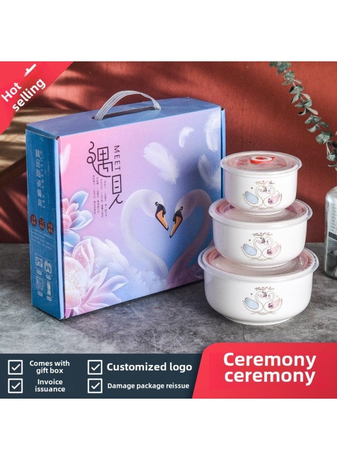 Ceramic Fresh-keeping Bowl Three-piece Gift Bowl Set Sealed Bowl Printed Logo Opening Activity Promotion Sales Gift-Specifications:A Deer Accompanied-Color:Fresh Bowl 5-inch Single Pack (60 Sets Per Box)  - Image 1