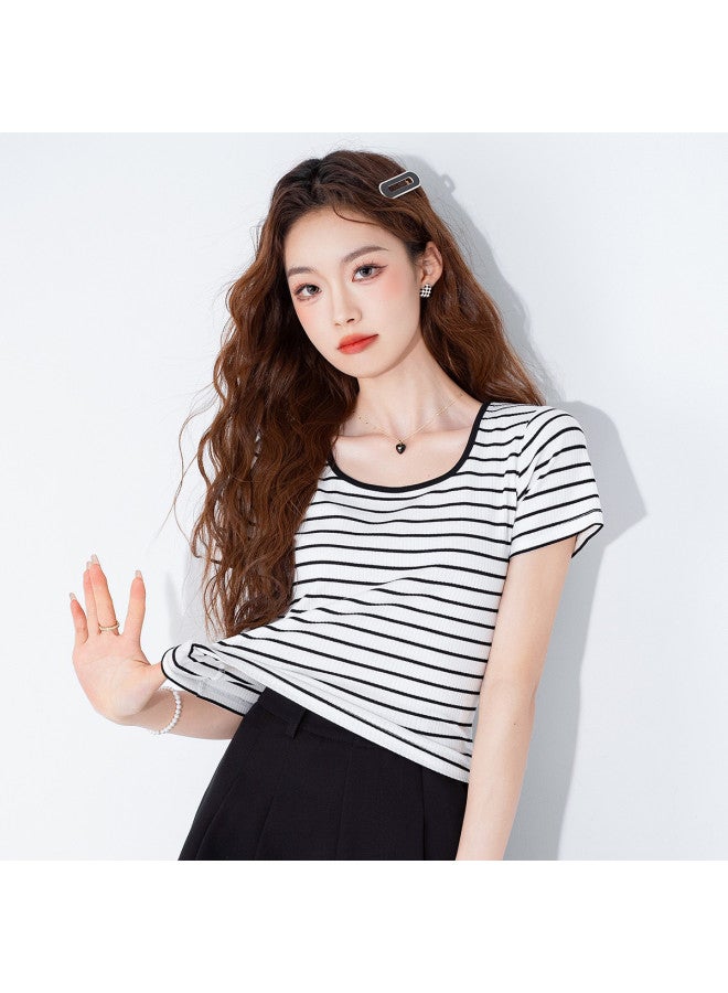 Jeanswest 25ss Fashion Classic Stripes Youthful Top Basic Comfortable Versatile Minimalist Short Sleeve Pullover T-shirt - Image 2