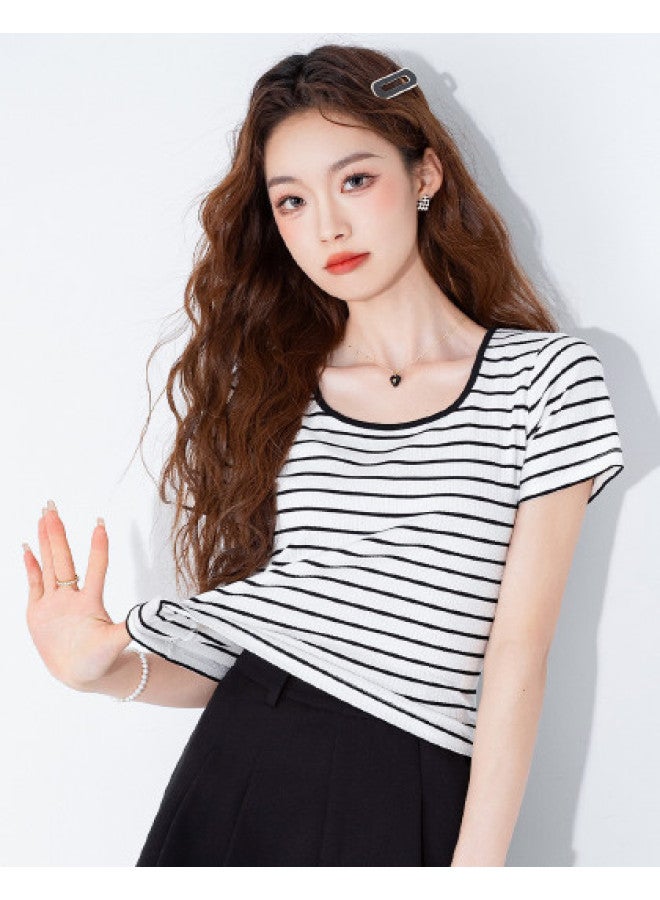 Jeanswest 25ss Fashion Classic Stripes Youthful Top Basic Comfortable Versatile Minimalist Short Sleeve Pullover T-shirt - Image 1
