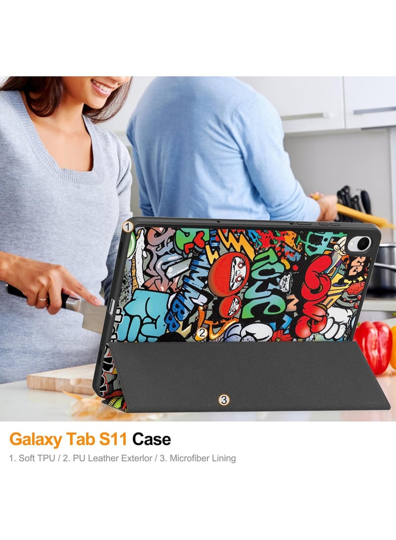 VKL Tablet Case for Samsung Galaxy Tab S11 11 inch 2025 (SM-X730/SM-X736B), Tri-Fold PU Leather Case with Auto Wake/Sleep, Soft TPU Back Cover Built-in Pen Holder (Graffiti) - Image 5