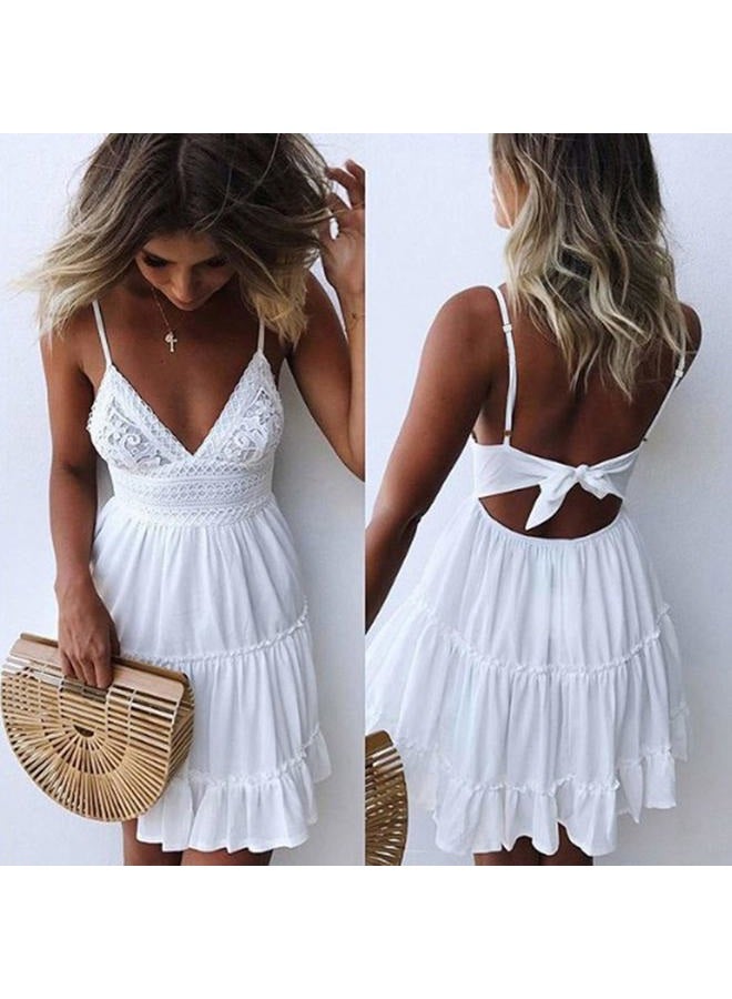 ECOWISH Summer Dresses for Women 2025 V-Neck Spaghetti Strap Bowknot Backless Sleeveless Lace Mini Swing Skater Dress, White, L - Image 4