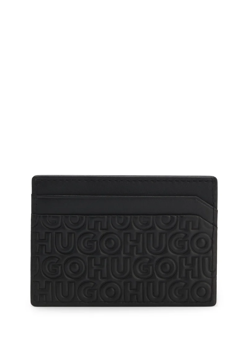 HUGO Black Leather card holder with stacked and geometric logo embossing for Men | Best Price UAE