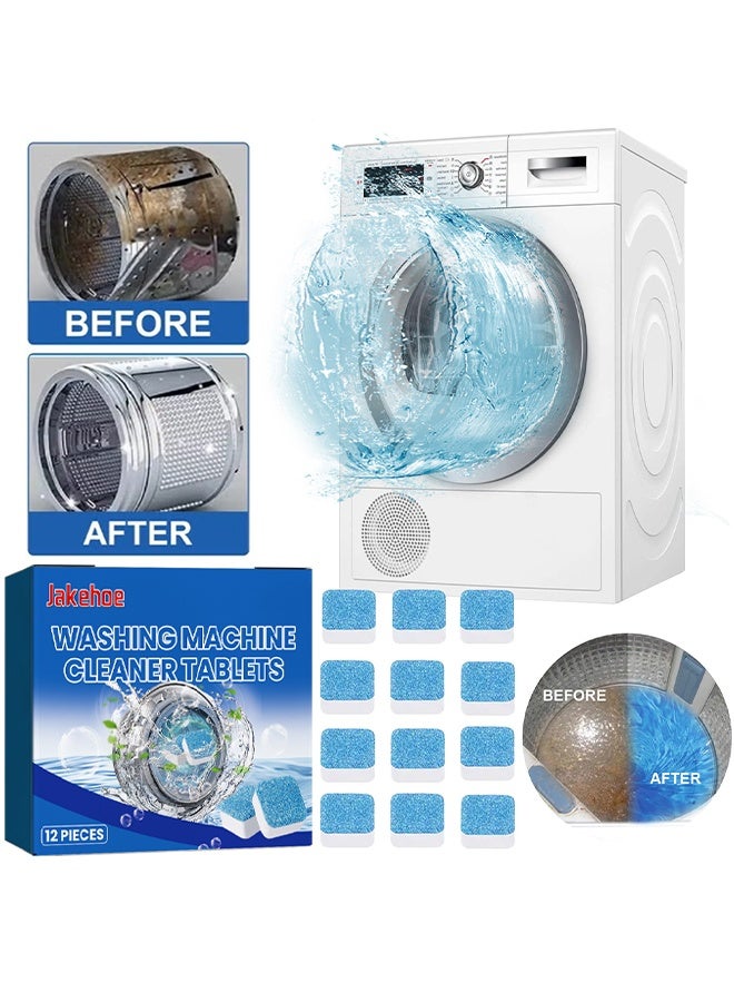 Jakehoe 12 قرص تنظيف لغسالة الملابس قابل للتفاعل الفوار، منظف غسالة لإزالة الترسبات، أقراص تنظيف عميقة، مناسبة لتنظيف الغسالة، التعقيم، إزالة الأوساخ، أقراص منظف الغسالة تساعد في إزالة الرواسب المسببة للرائحة - Image 1