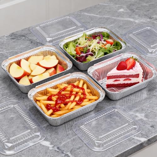 Benestanti 1 Lb Small Disposable Aluminum Pans with Plastic Lids(100 Pack-5"×4") 16 oz Capacity Mini Tin Foil Pans with Lids,Take Out Food Containers Trays for Catering, Meal Prep,Baking,Roasting,Freezer Safe - Image 5