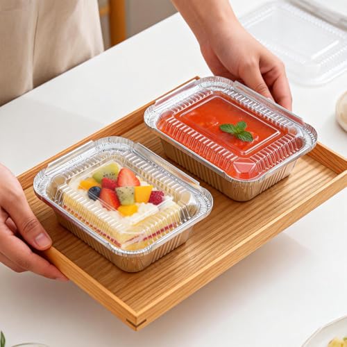 Benestanti 1 Lb Small Disposable Aluminum Pans with Plastic Lids(100 Pack-5"×4") 16 oz Capacity Mini Tin Foil Pans with Lids,Take Out Food Containers Trays for Catering, Meal Prep,Baking,Roasting,Freezer Safe - Image 4