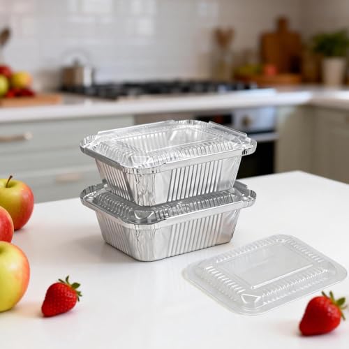 Benestanti 1 Lb Small Disposable Aluminum Pans with Plastic Lids(100 Pack-5"×4") 16 oz Capacity Mini Tin Foil Pans with Lids,Take Out Food Containers Trays for Catering, Meal Prep,Baking,Roasting,Freezer Safe - Image 2