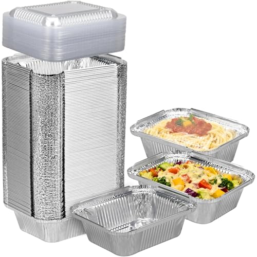 Benestanti 1 Lb Small Disposable Aluminum Pans with Plastic Lids(100 Pack-5"×4") 16 oz Capacity Mini Tin Foil Pans with Lids,Take Out Food Containers Trays for Catering, Meal Prep,Baking,Roasting,Freezer Safe - Image 1