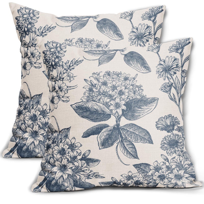 Aytipun Vintage Floral Pillow Covers 18x18 Set of 2 Dusty Blue Flower Pattern Print Decorative Outdoor Pillowcases Farmhouse Throw Cushion Case Decor for Couch Sofa Bed - Image 1