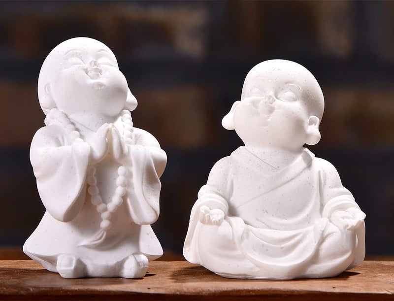 fazhongfa 2pcs Buddha Statue Happy Laughing Buddha Figurine Cute Small Monk Statues Mini Maitreya Buddha Minimalist for Desktop Ornament Home Decor Car Dashboard and Shelf Decorations Buda White