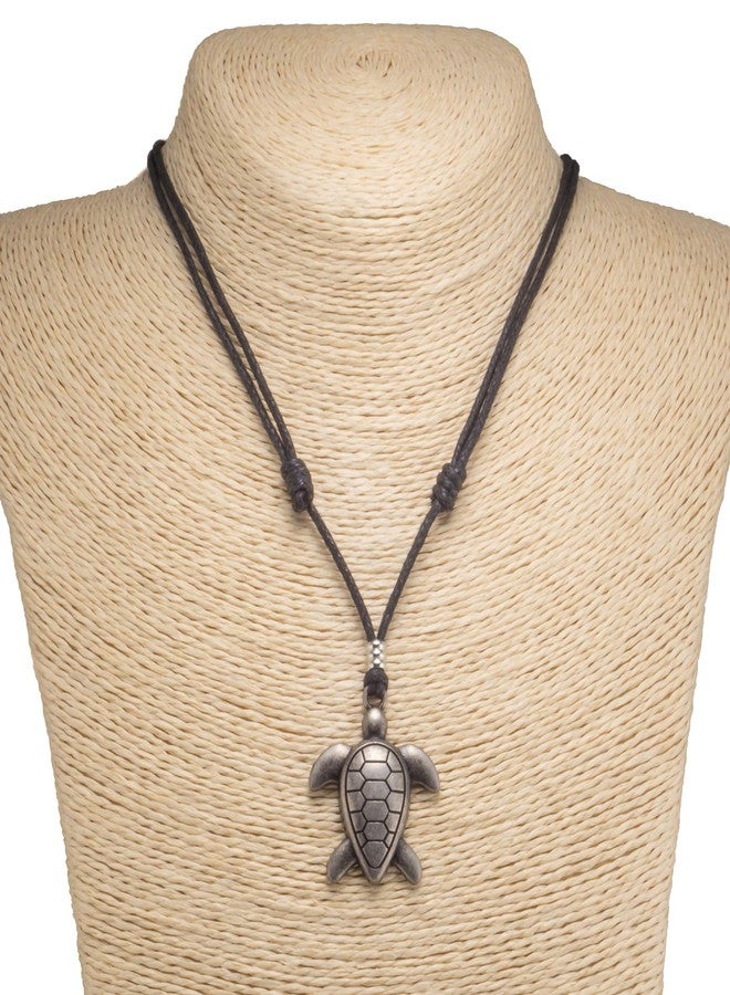 BlueRica Sea Turtle on Adjustable Black Cord Necklace (Old Silver Finish) - Image 2