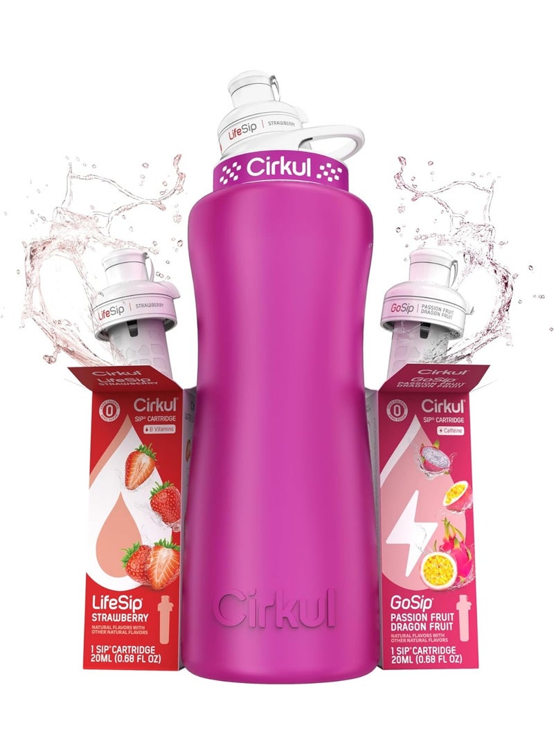 Cirkul 32oz PINK Stainless Steel Water Bottle Starter Kit with PINK Lid and 2 Flavor Cartridges (Strawberry & Passion Fruit Dragon Fruit)