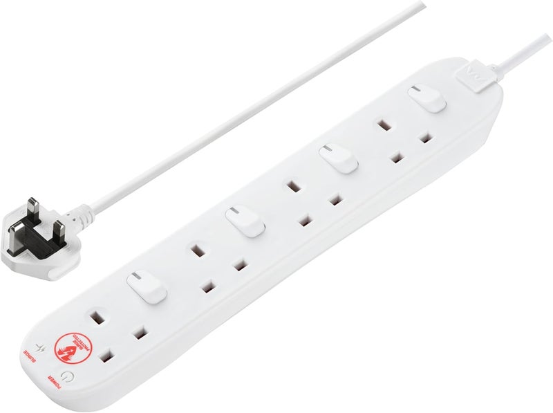 Masterplug Four Socket Power Surge Protected Extension Lead with Individual Switches, 2 Metres, 36 x 5.5 x 3 cm, White - Image 1