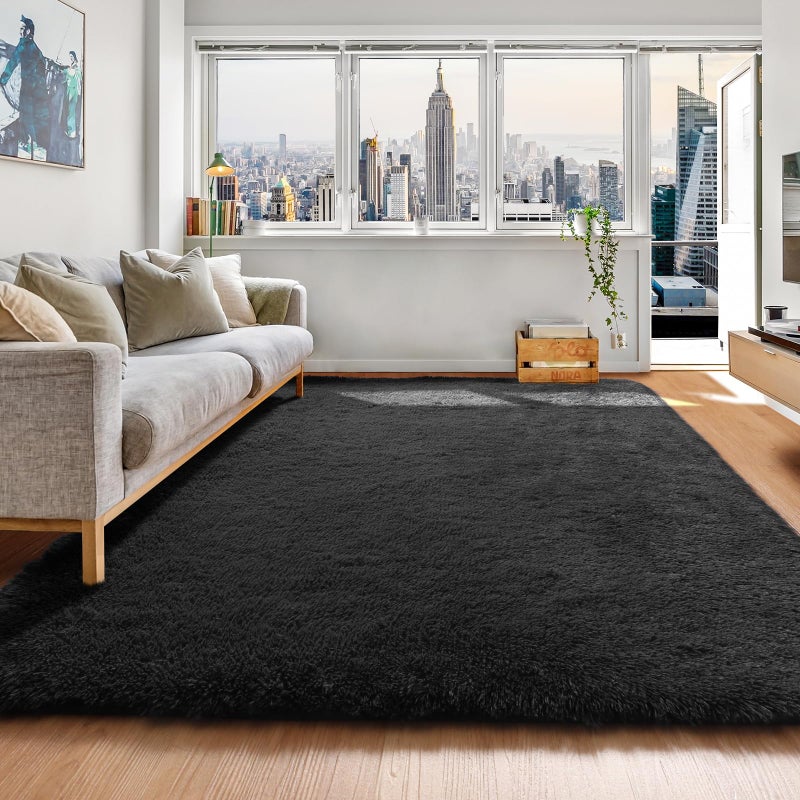 ONASAR Black Area Rugs for Bedroom Living Room, Fluffy Fuzzy Shaggy 4x6 Bedside Rug, Soft Plush Modern Indoor Floor Carpet for Nursery Kids Girls Boys Teen Dorm Home Office Decor Aesthetic - Image 1