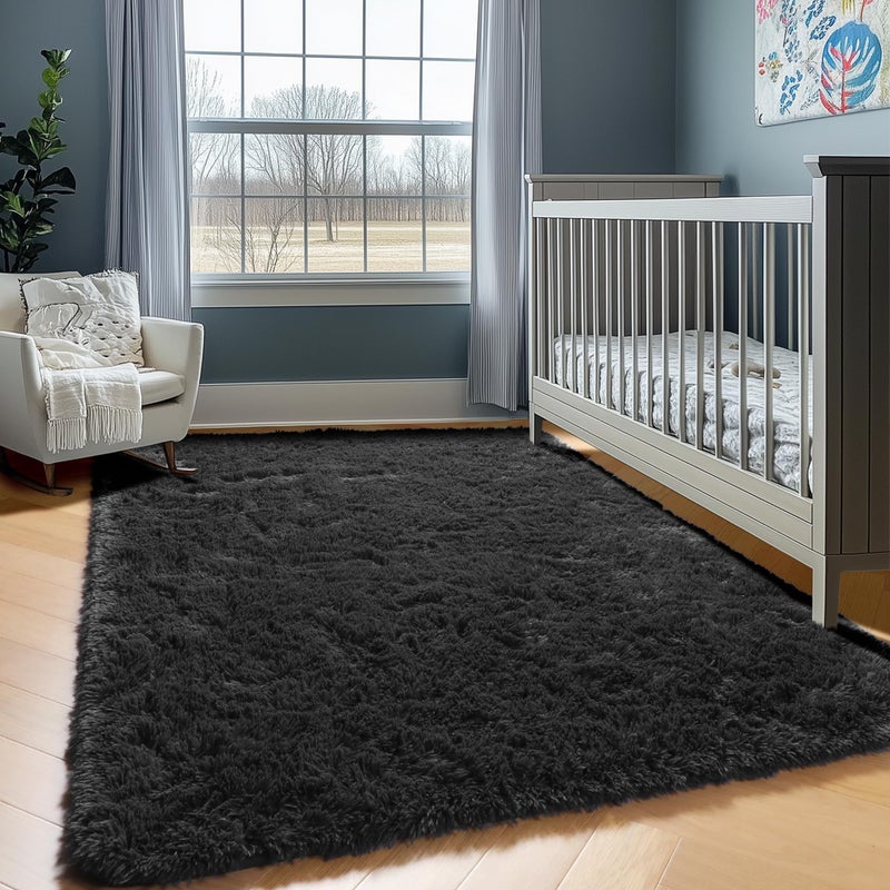 ONASAR Black Area Rugs for Bedroom Living Room, Fluffy Fuzzy Shaggy 4x6 Bedside Rug, Soft Plush Modern Indoor Floor Carpet for Nursery Kids Girls Boys Teen Dorm Home Office Decor Aesthetic - Image 5