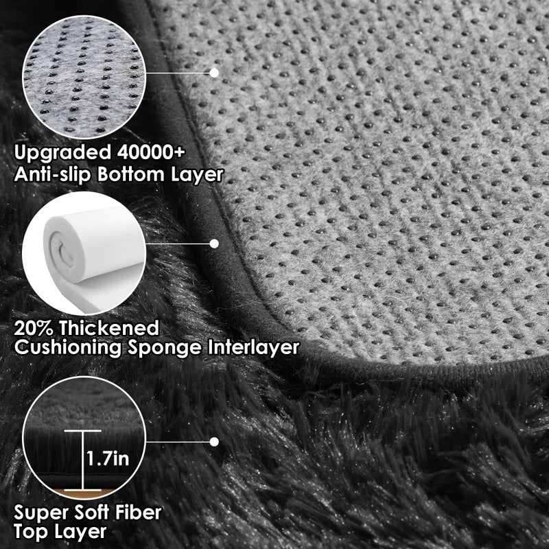 ONASAR Black Area Rugs for Bedroom Living Room, Fluffy Fuzzy Shaggy 4x6 Bedside Rug, Soft Plush Modern Indoor Floor Carpet for Nursery Kids Girls Boys Teen Dorm Home Office Decor Aesthetic - Image 3