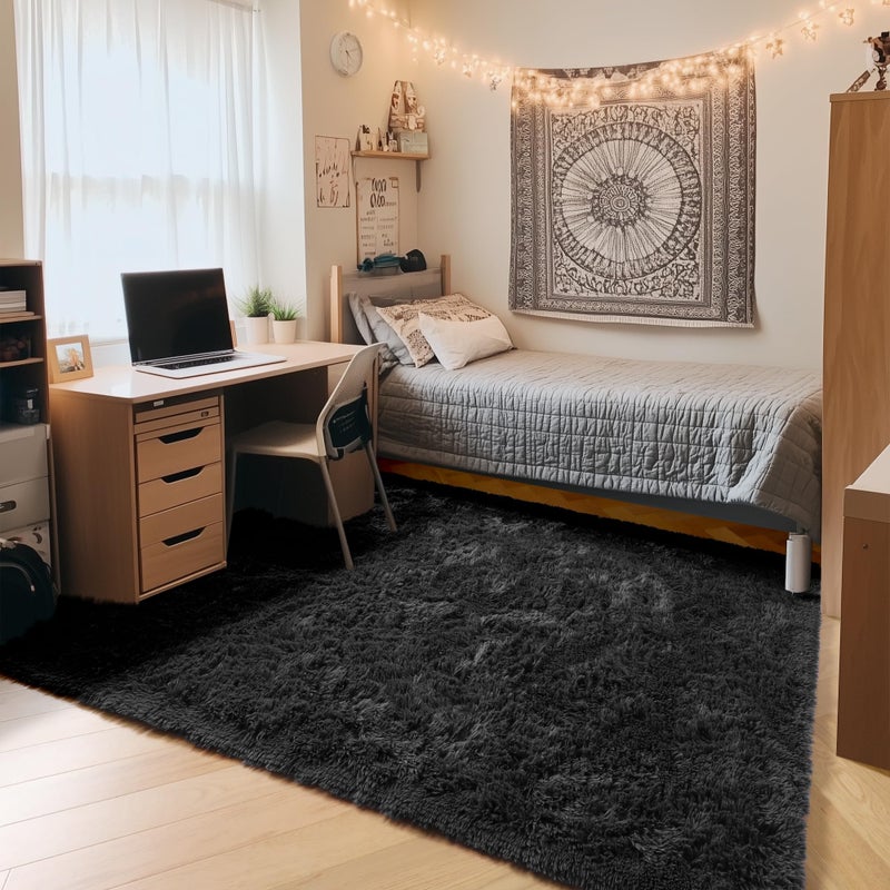 ONASAR Black Area Rugs for Bedroom Living Room, Fluffy Fuzzy Shaggy 4x6 Bedside Rug, Soft Plush Modern Indoor Floor Carpet for Nursery Kids Girls Boys Teen Dorm Home Office Decor Aesthetic - Image 4