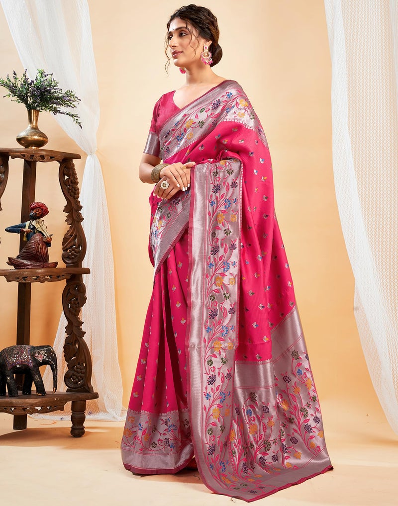 SIRIL Women's Paithani Silk Saree | Jacquard Soft Silk Saree With Unstitched Blouse Piece (4035S561_Bright Pink) - Image 2