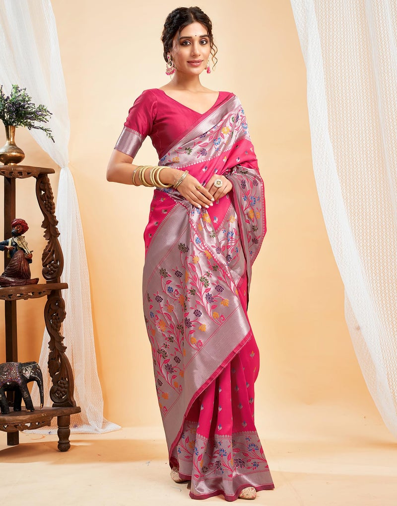 SIRIL Women's Paithani Silk Saree | Jacquard Soft Silk Saree With Unstitched Blouse Piece (4035S561_Bright Pink) - Image 4