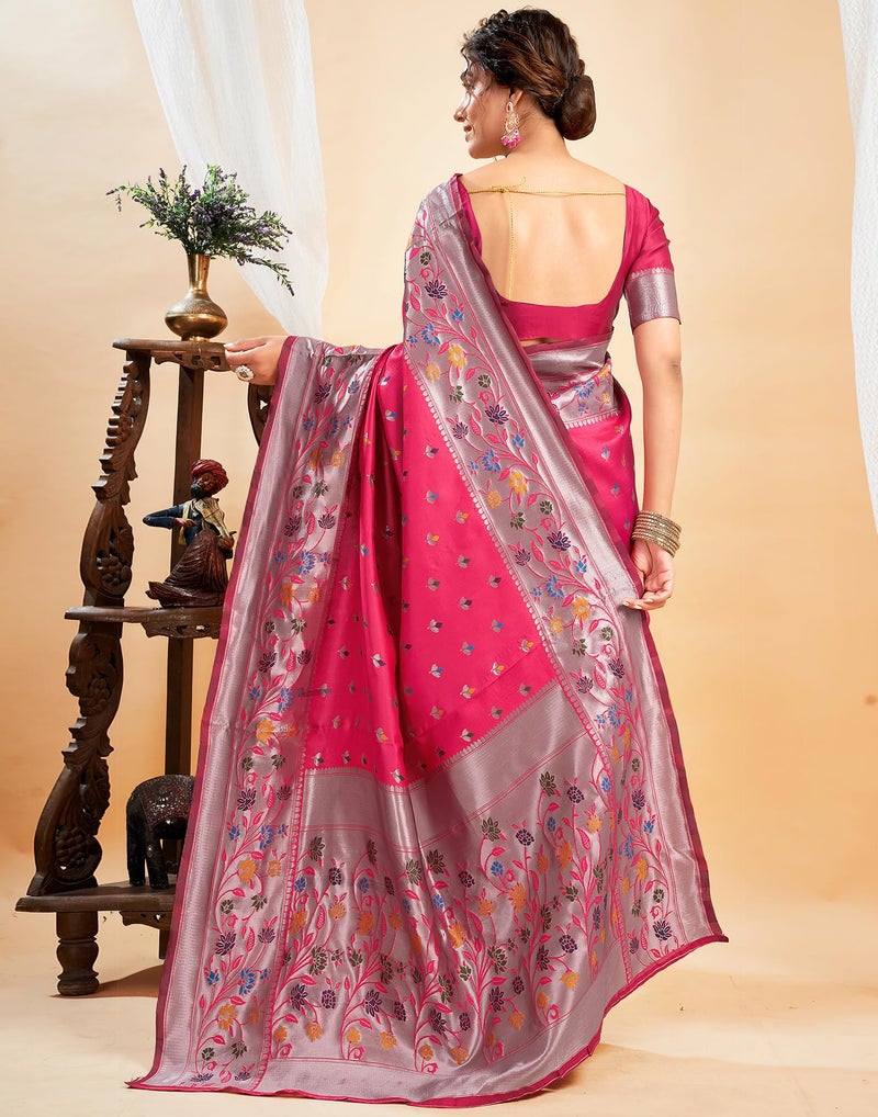 SIRIL Women's Paithani Silk Saree | Jacquard Soft Silk Saree With Unstitched Blouse Piece (4035S561_Bright Pink) - Image 5